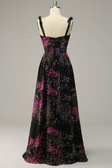 A Line Spaghetti Straps Black Mixed Flower Plus Size Ball Dresses